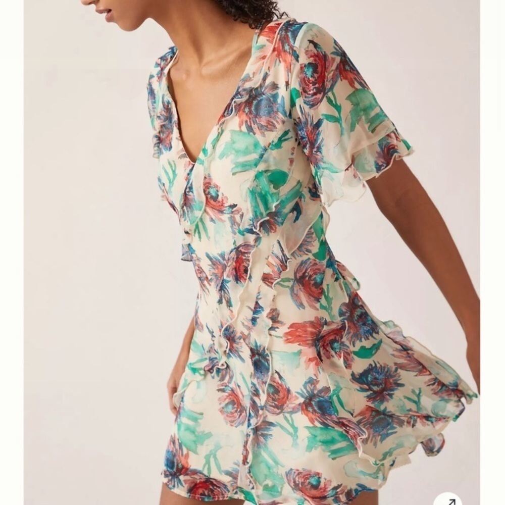 ANTHROPOLOGIE • Watercolor Floral Ruffle Strappy Back Mini Dress - Picture 5 of 16